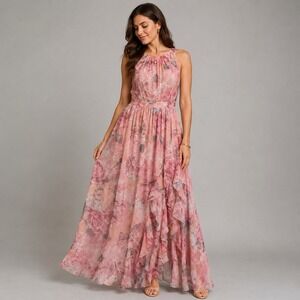 Candalite Floral Chiffon Maxi Dress XL Pink Ruffle Overlay Romantic Fairycore